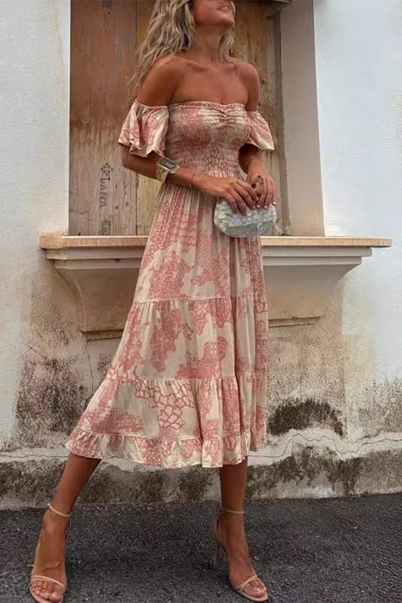 Print Patchwork Ruffle Off Shoulder Cake Skirt Dresses