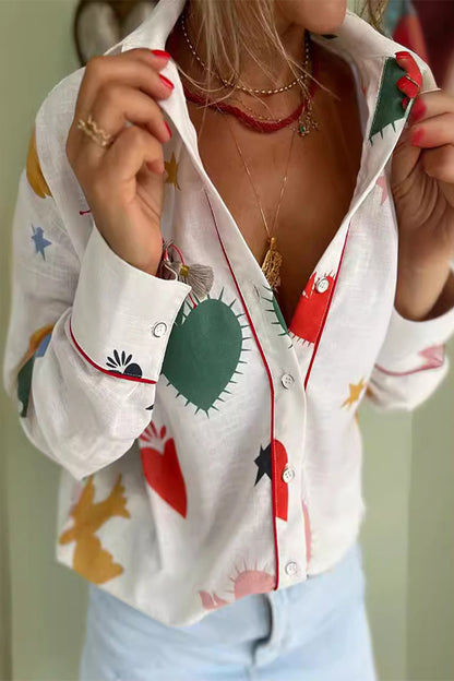 Daily Graffiti Print Buttons Turndown Collar Blouses