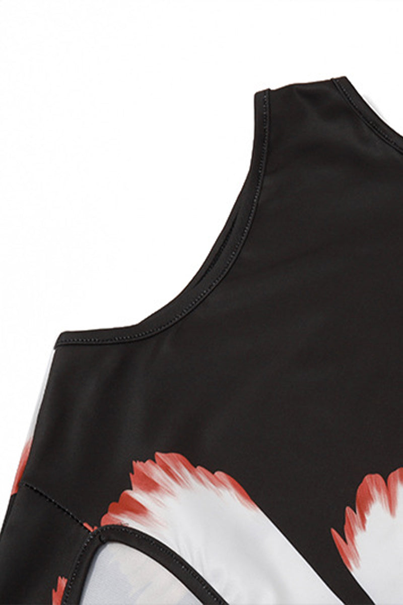 Flowers Print Hollow Out O Neck One Step Skirt Dresses