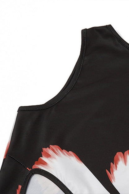 Flowers Print Hollow Out O Neck One Step Skirt Dresses