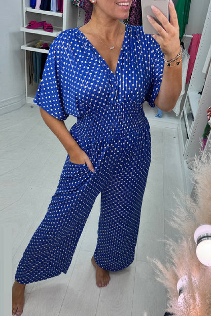 Polka Dot Print Patchwork V Neck Regular Jumpsuits(3 Colors)