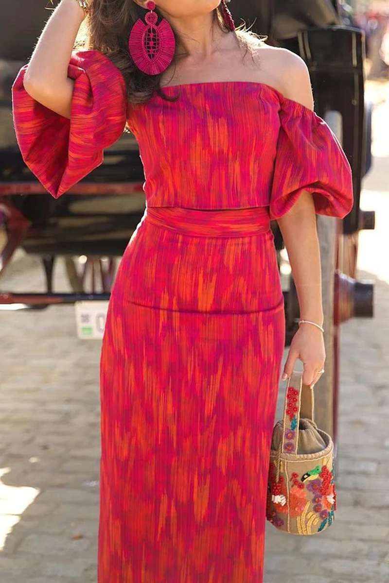 Street Gradient Print Zipper Off Shoulder Short Sleeve Two Pieces