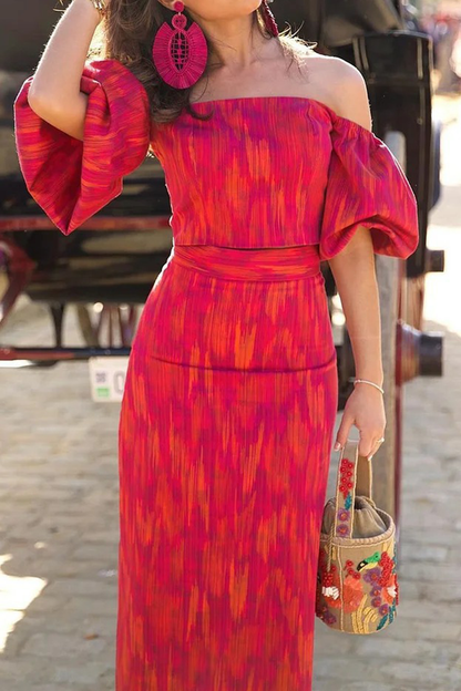 Street Gradient Print Zipper Off Shoulder Short Sleeve Two Pieces