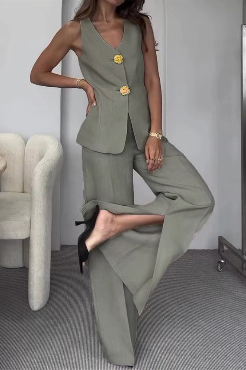 Color Buttons Slit V Neck Sleeveless Two Pieces