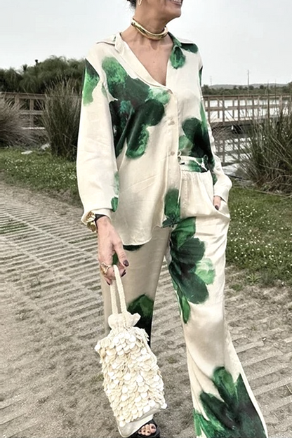 Flowers Print Pocket Turndown Collar Long Sleeve Two Pieces