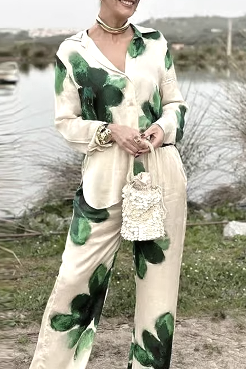Flowers Print Pocket Turndown Collar Long Sleeve Two Pieces