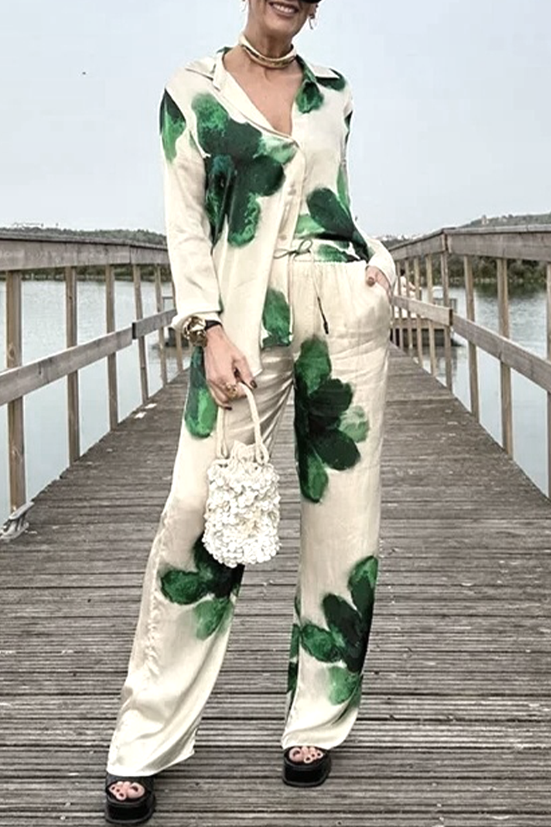 Flowers Print Pocket Turndown Collar Long Sleeve Two Pieces