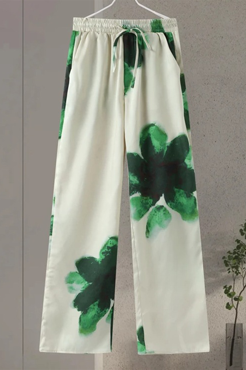Flowers Print Pocket Turndown Collar Long Sleeve Two Pieces