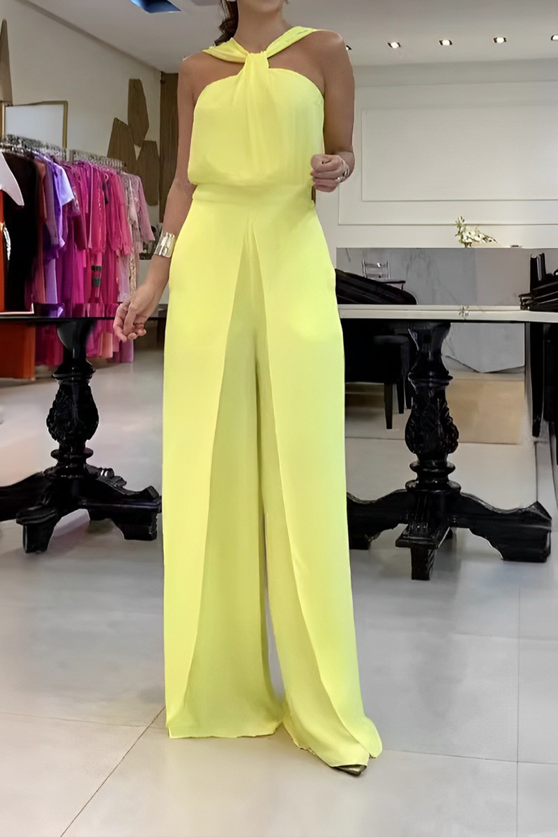 Color Patchwork Backless V Neck Regular Jumpsuits