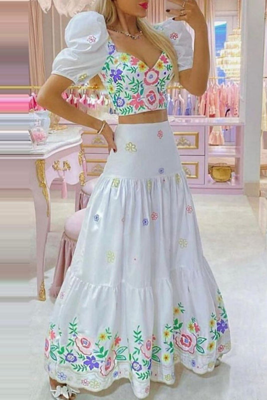 Print Basic V Neck Short Sleeve Two Pieces