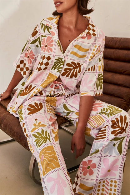 Print Basic Turndown Collar Short Sleeve Two Pieces