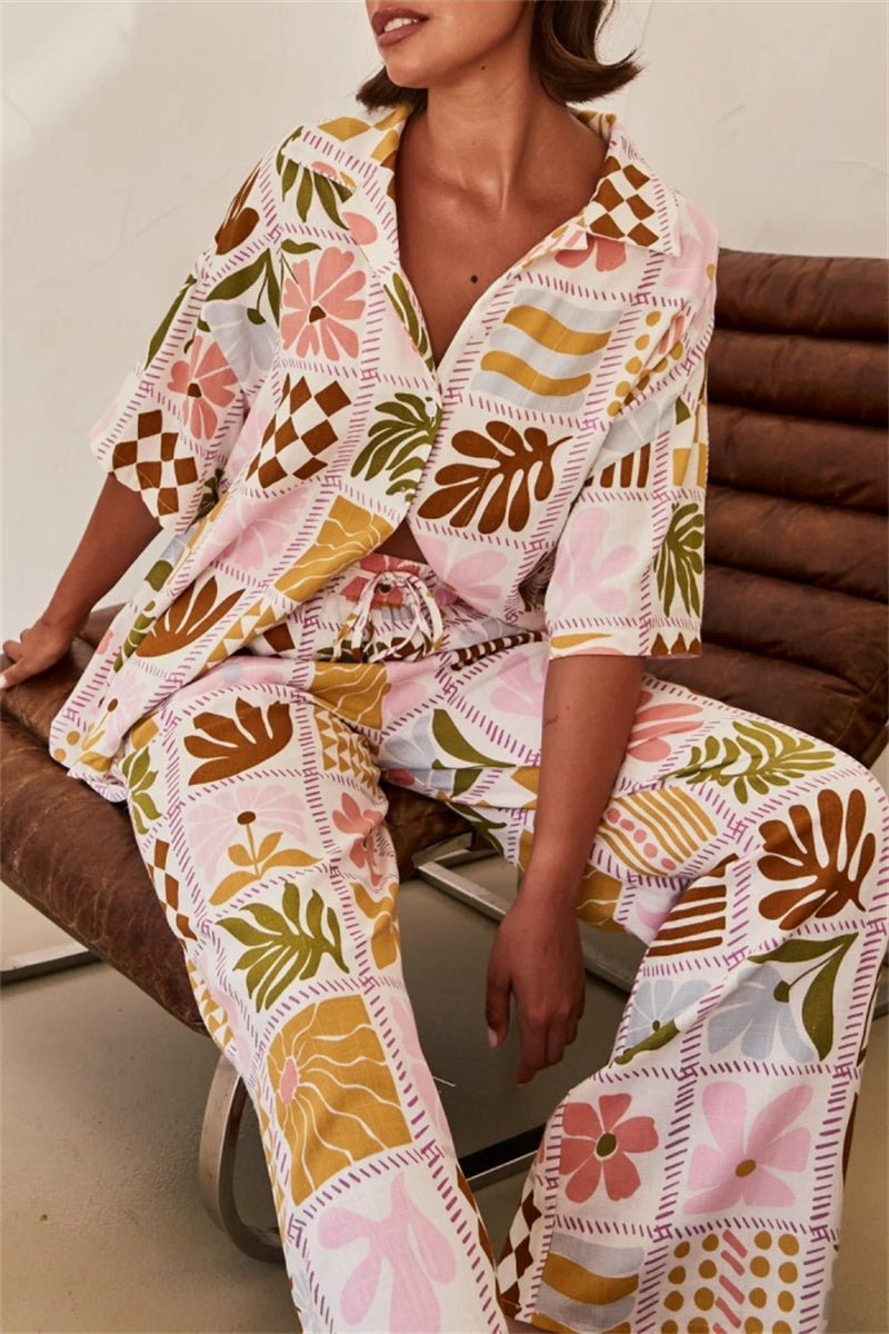 Print Basic Turndown Collar Short Sleeve Two Pieces