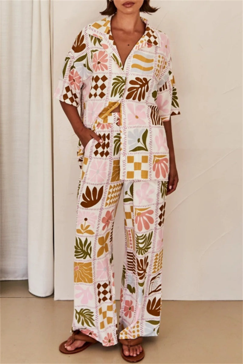 Print Basic Turndown Collar Short Sleeve Two Pieces