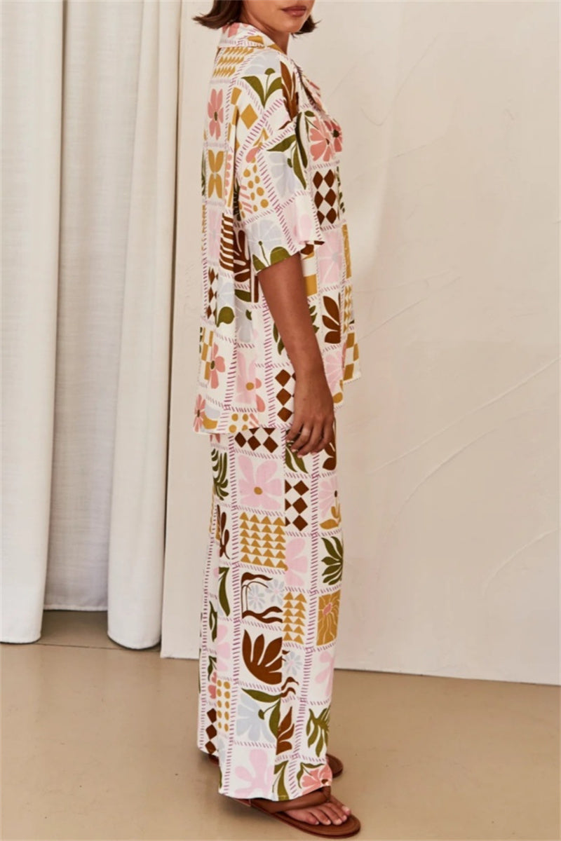 Print Basic Turndown Collar Short Sleeve Two Pieces