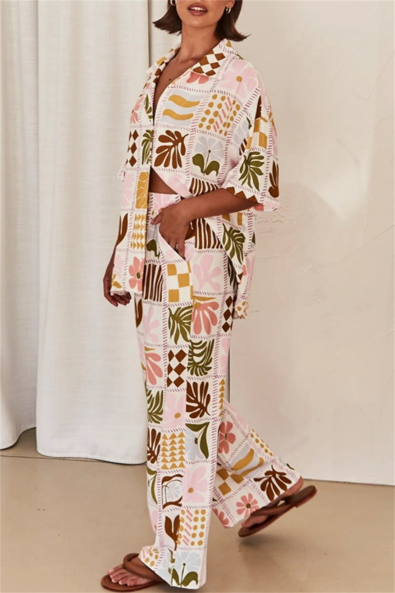 Print Basic Turndown Collar Short Sleeve Two Pieces