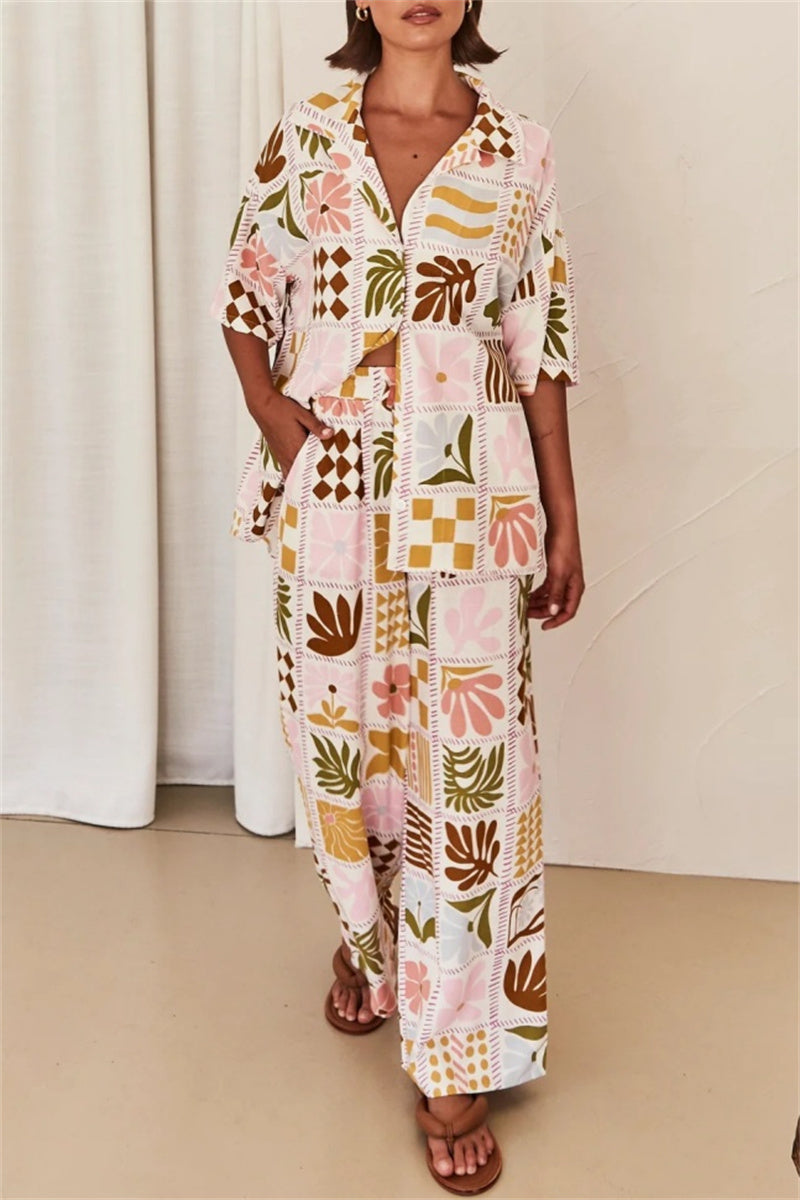 Print Basic Turndown Collar Short Sleeve Two Pieces