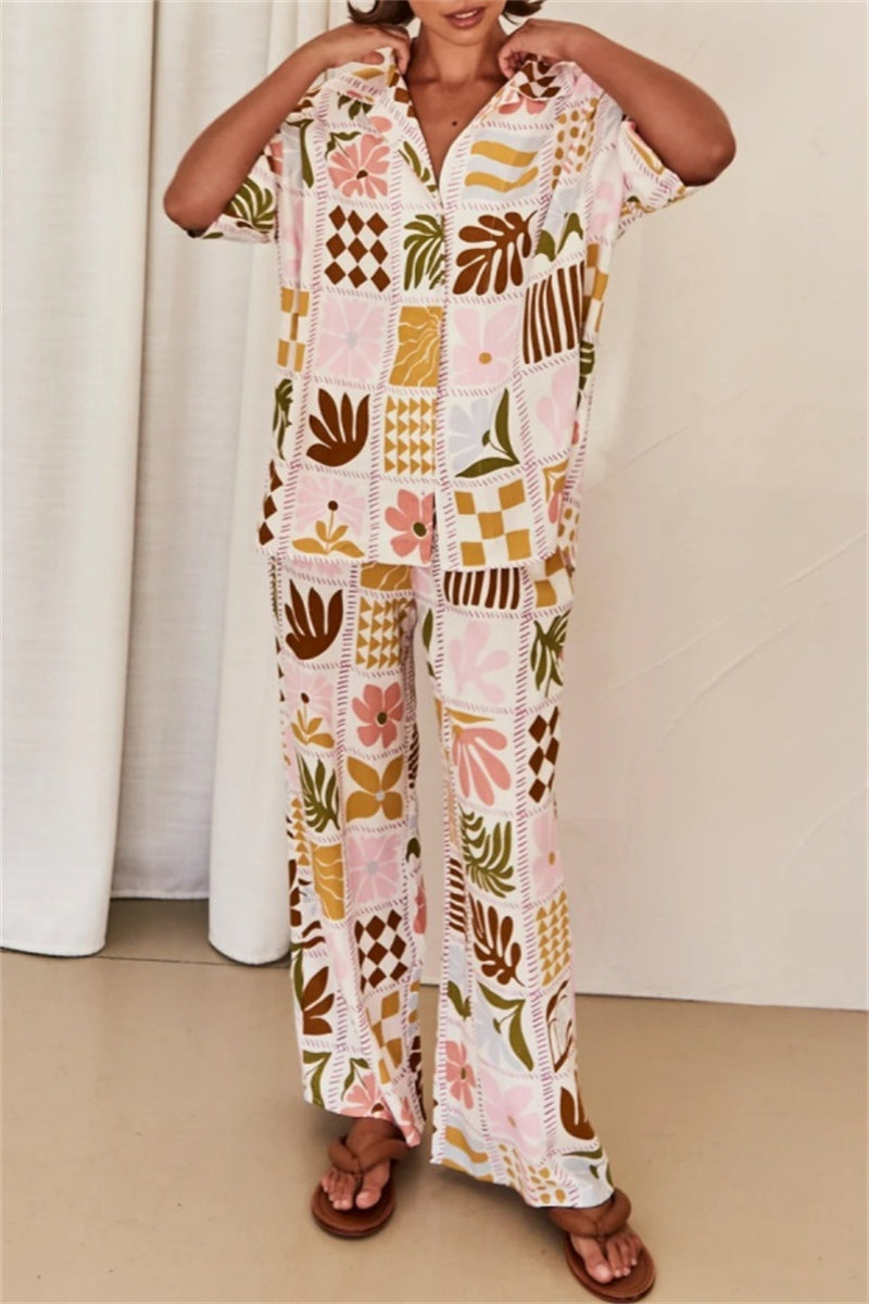 Print Basic Turndown Collar Short Sleeve Two Pieces