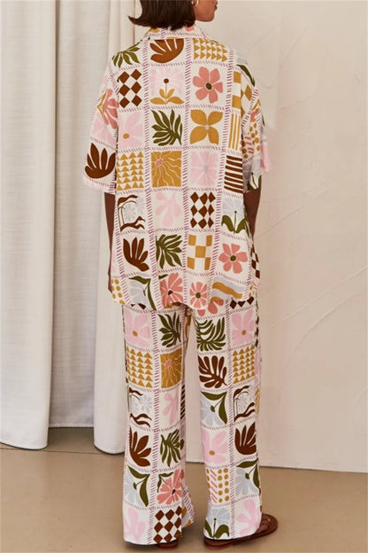 Print Basic Turndown Collar Short Sleeve Two Pieces
