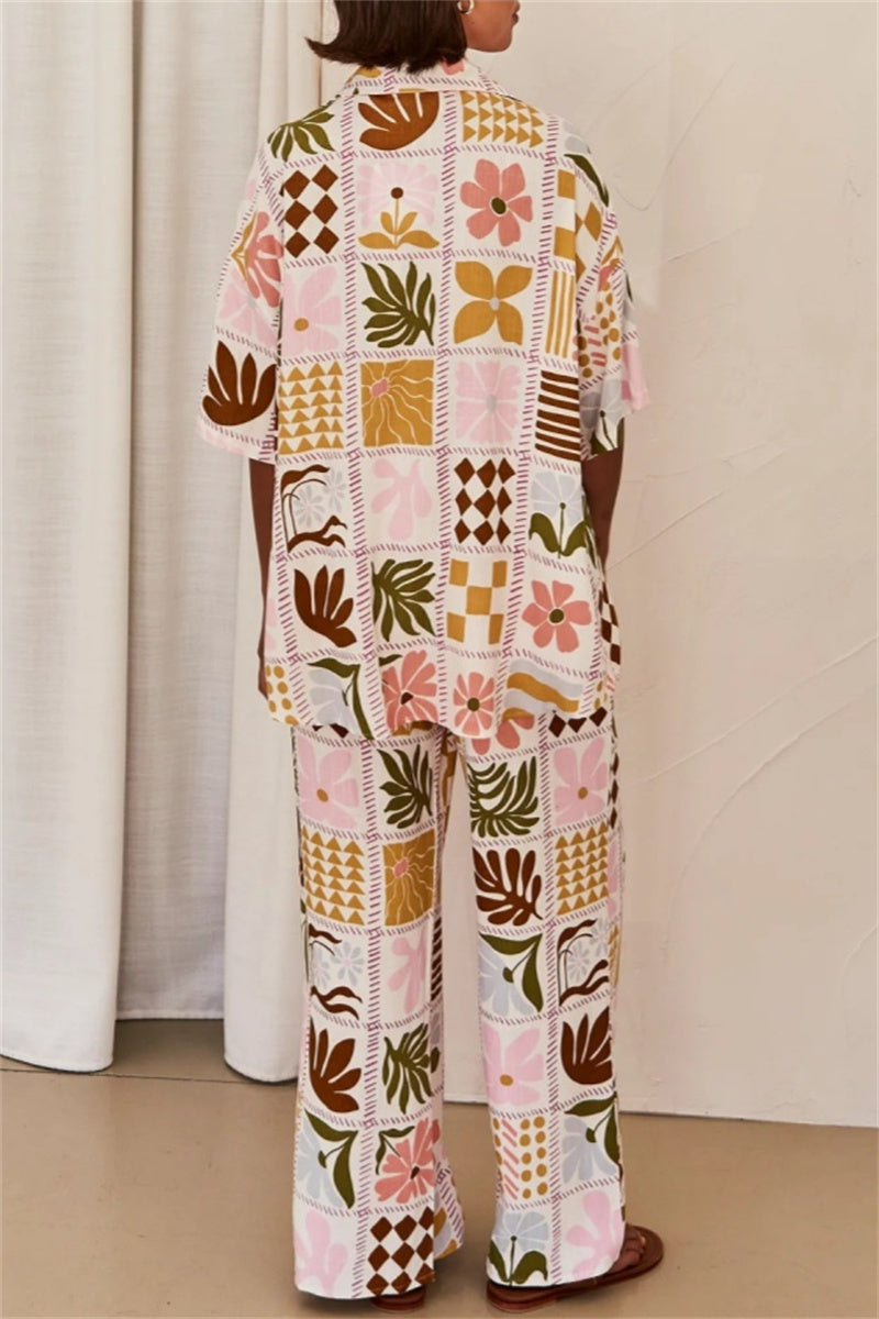 Print Basic Turndown Collar Short Sleeve Two Pieces