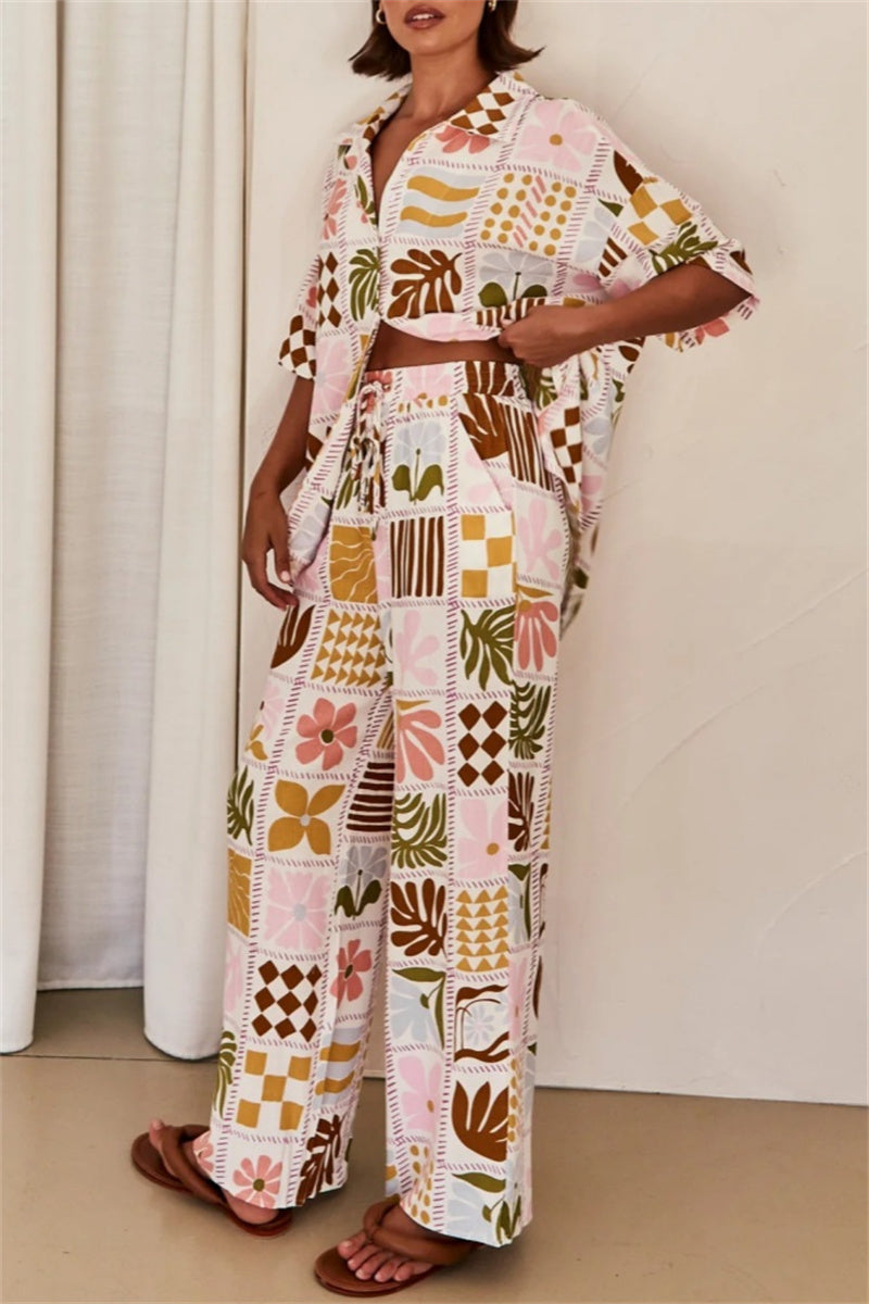 Print Basic Turndown Collar Short Sleeve Two Pieces