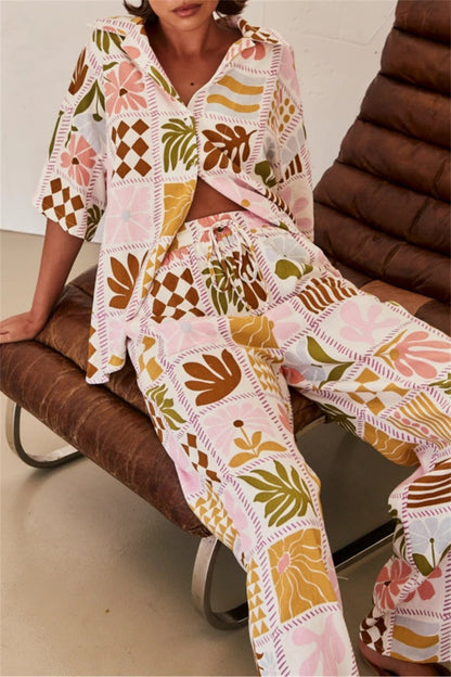 Print Basic Turndown Collar Short Sleeve Two Pieces