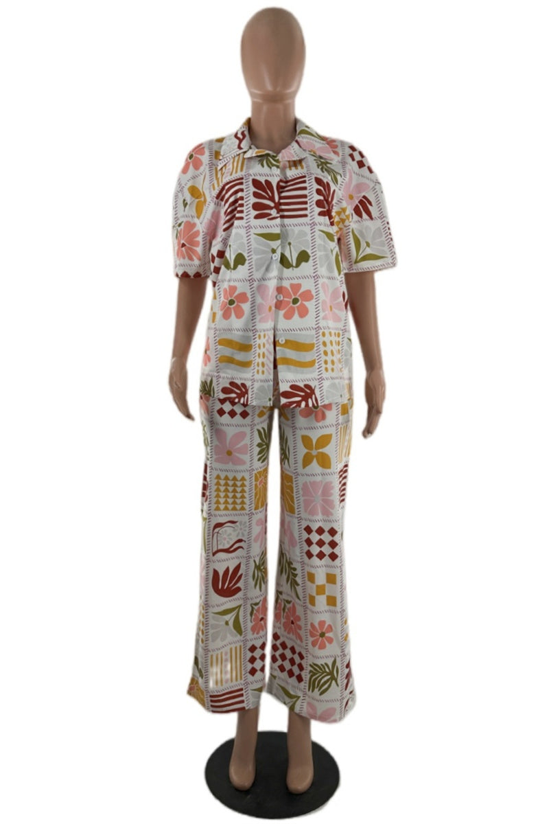 Print Basic Turndown Collar Short Sleeve Two Pieces