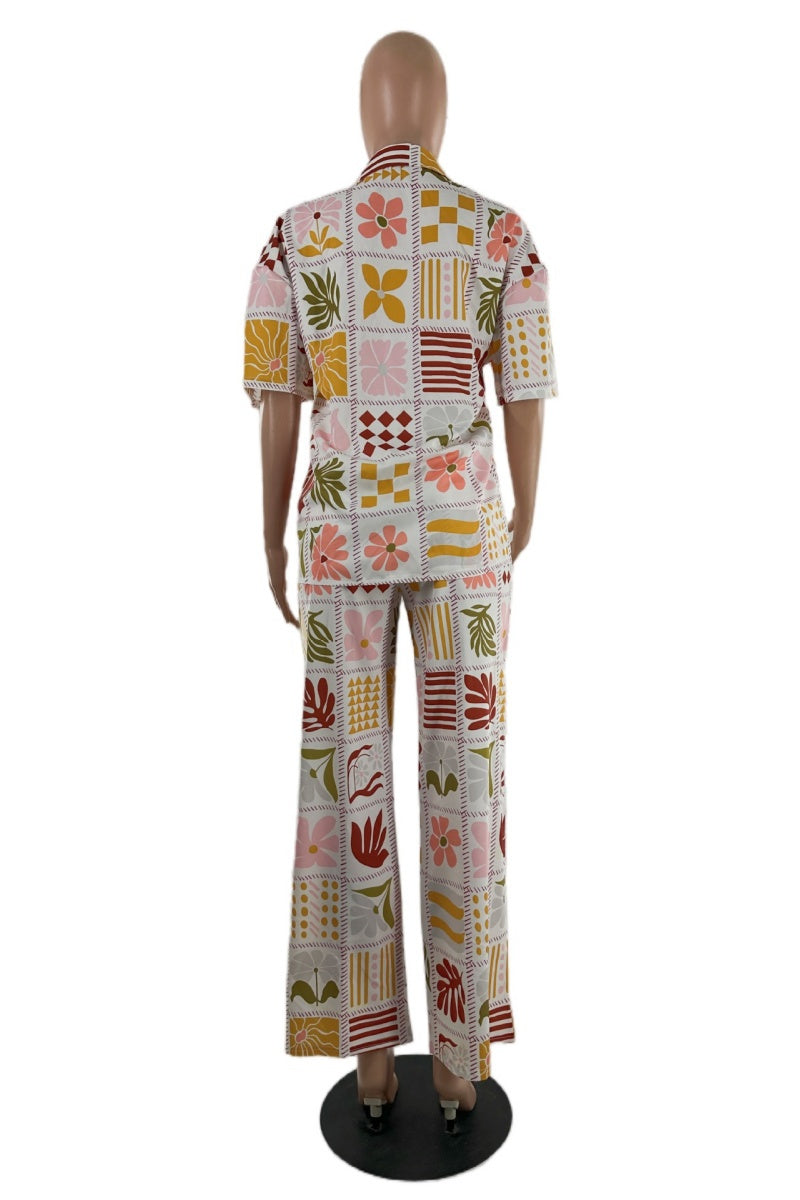 Print Basic Turndown Collar Short Sleeve Two Pieces
