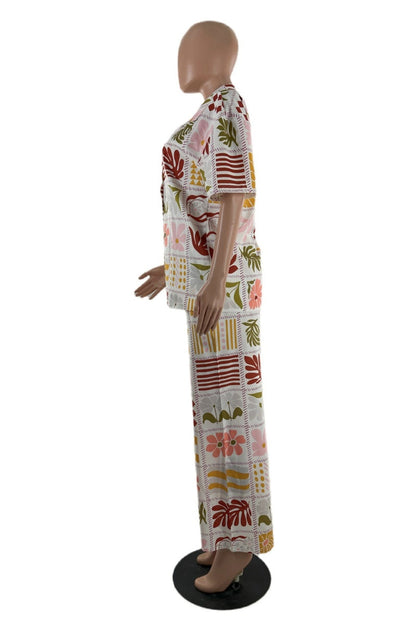 Print Basic Turndown Collar Short Sleeve Two Pieces