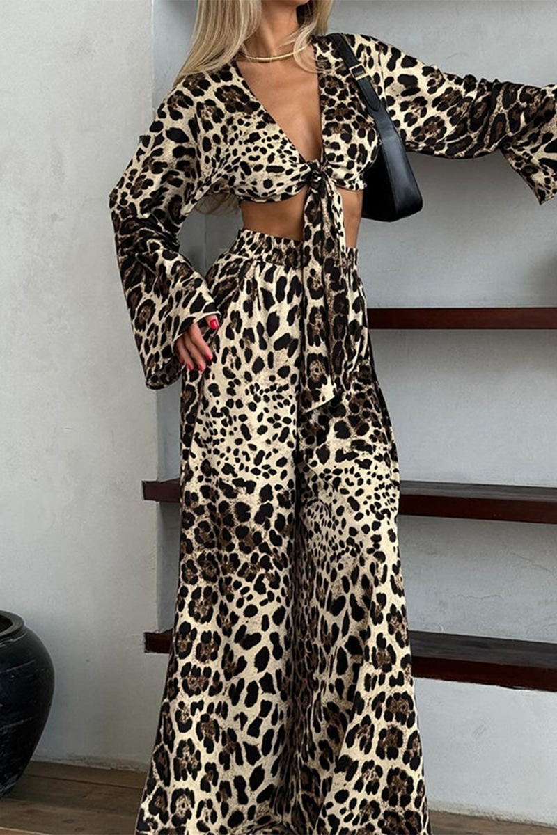 Street Leopard Print Lace Up V Neck Long Sleeve Two Pieces