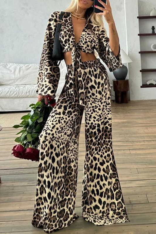 Street Leopard Print Lace Up V Neck Long Sleeve Two Pieces