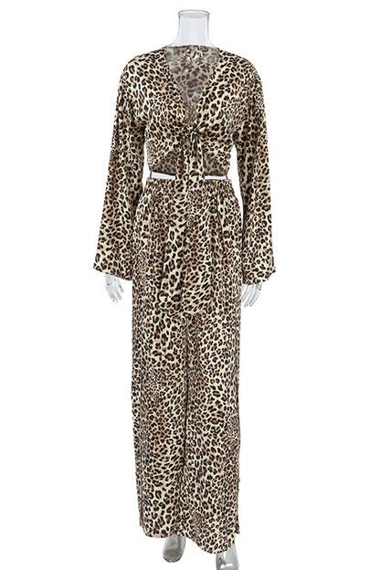 Street Leopard Print Lace Up V Neck Long Sleeve Two Pieces