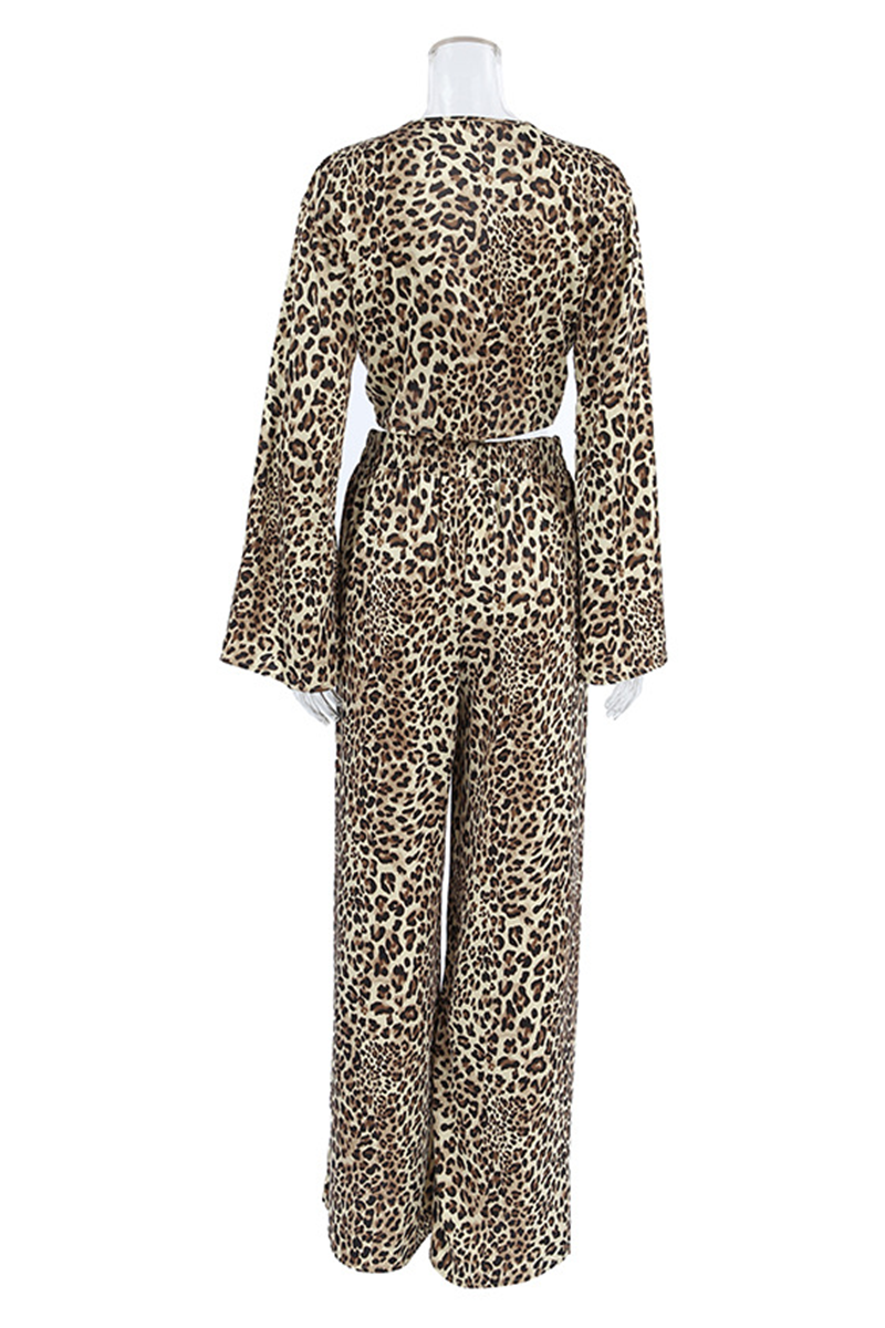 Street Leopard Print Lace Up V Neck Long Sleeve Two Pieces