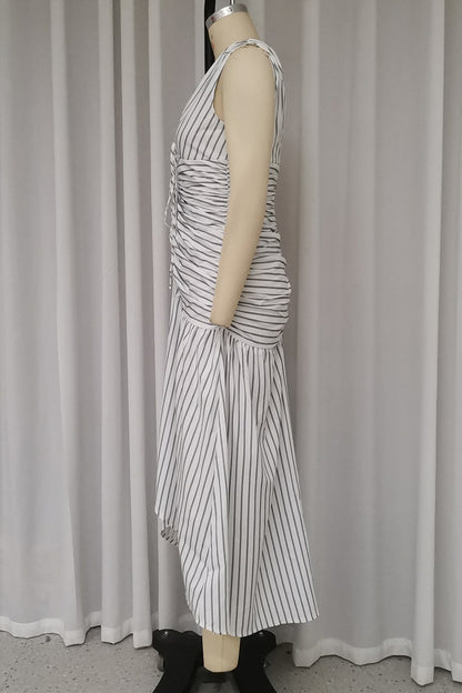 Striped Print Lace Up Ruched V Neck Waist Skirt Dresses