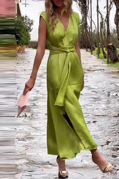 Color Lace Up Slit V Neck Waist Skirt Dresses