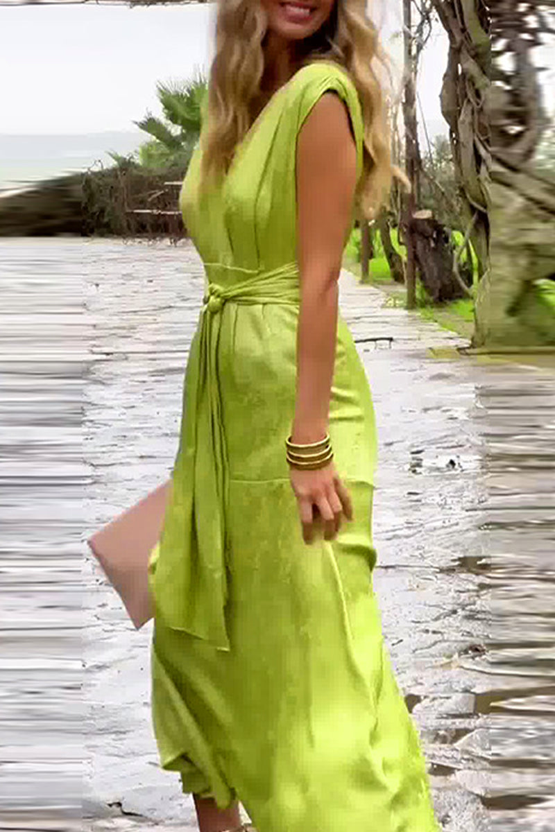 Color Lace Up Slit V Neck Waist Skirt Dresses