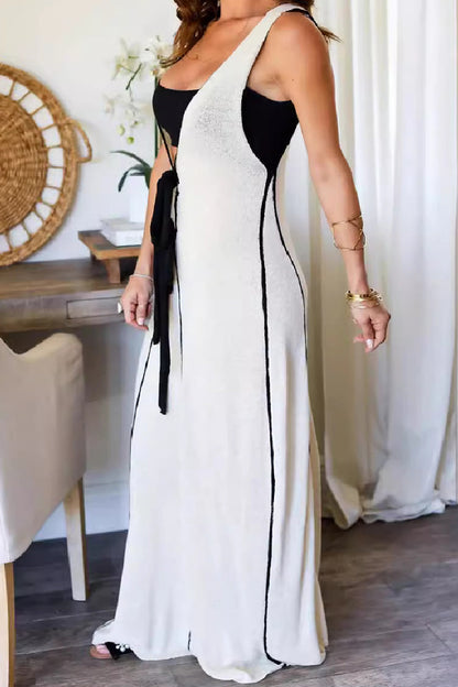 Patchwork Belted V Neck Long Dresses