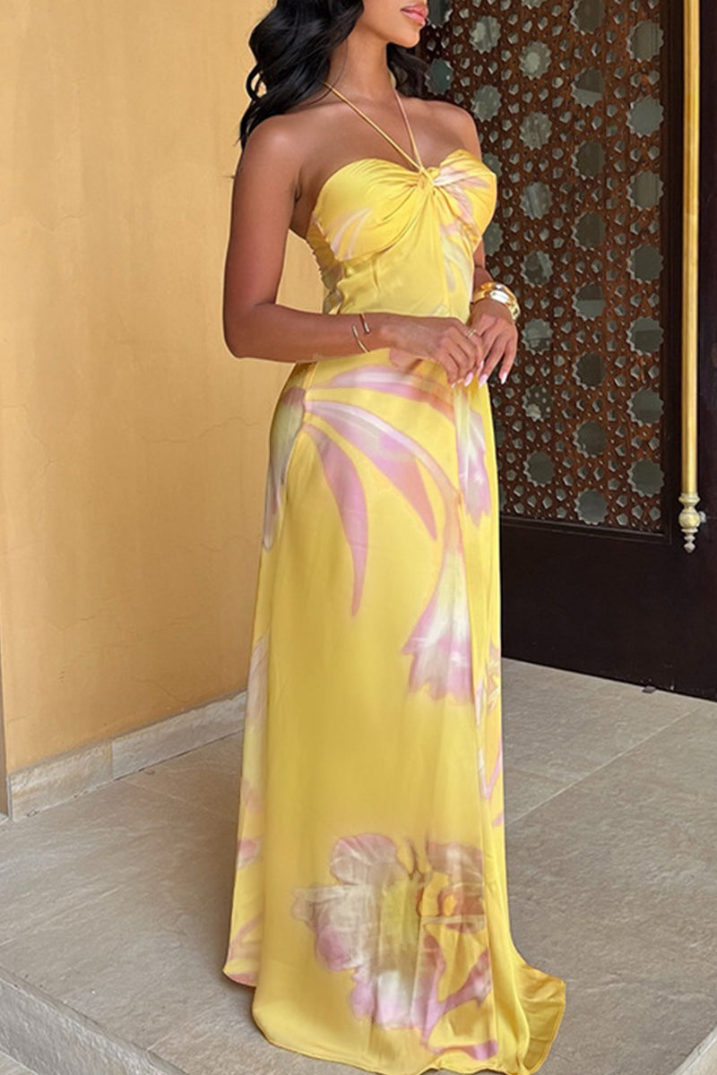 Print Backless Belted Halter Long Dresses