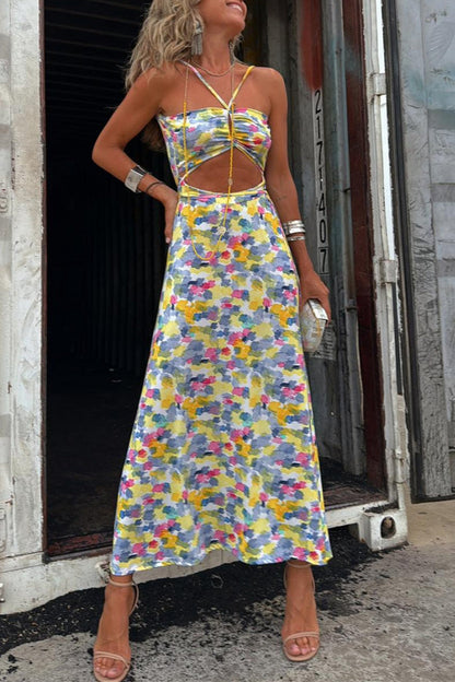 Geometric Print Backless Contrast V Neck One Step Skirt Dresses(two Ways to Wear)