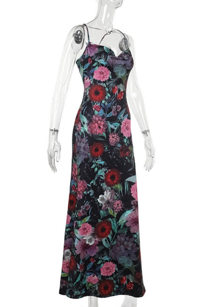 Print Backless Spaghetti Strap Long Dresses