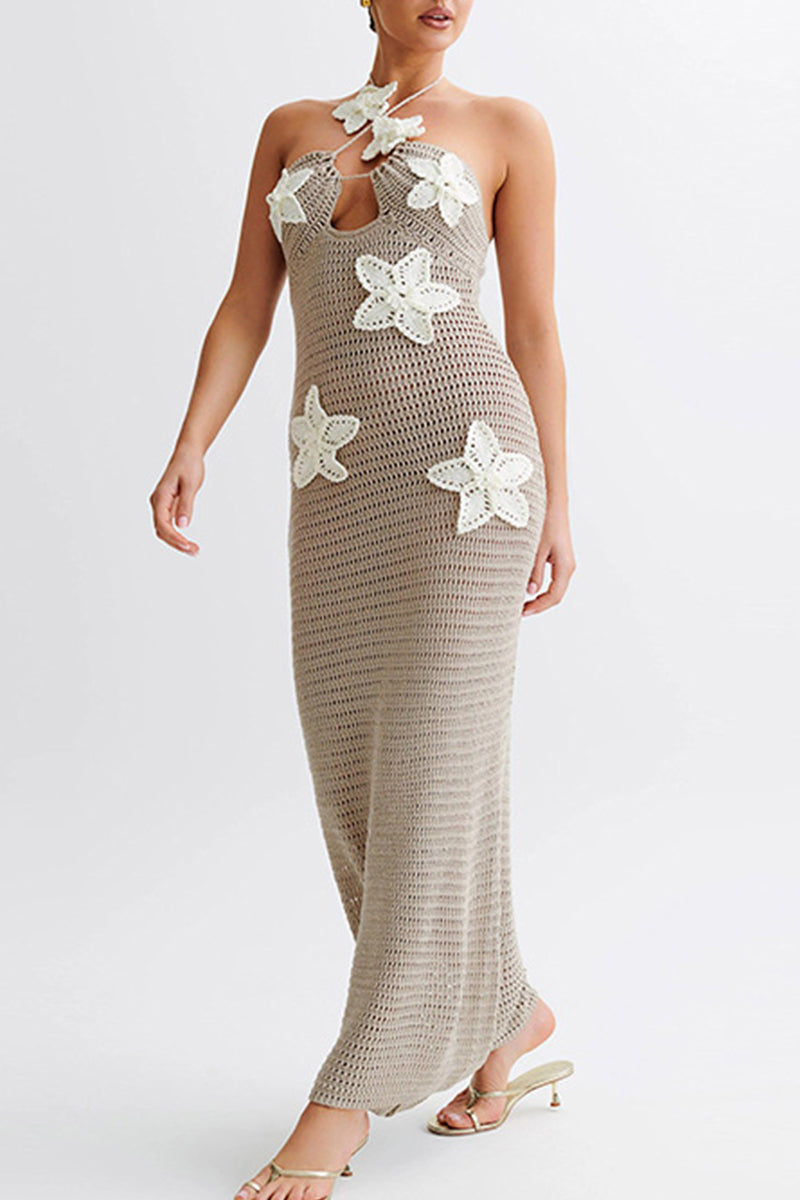Flowers Hollow Out Patchwork Backless Strap Design Halter Long Dresses(3 Colors)
