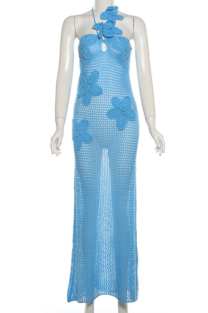 Flowers Hollow Out Patchwork Backless Strap Design Halter Long Dresses(3 Colors)