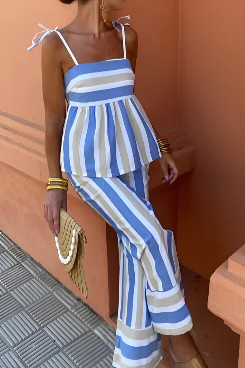 Striped Print Contrast Square Neck Two Pieces
