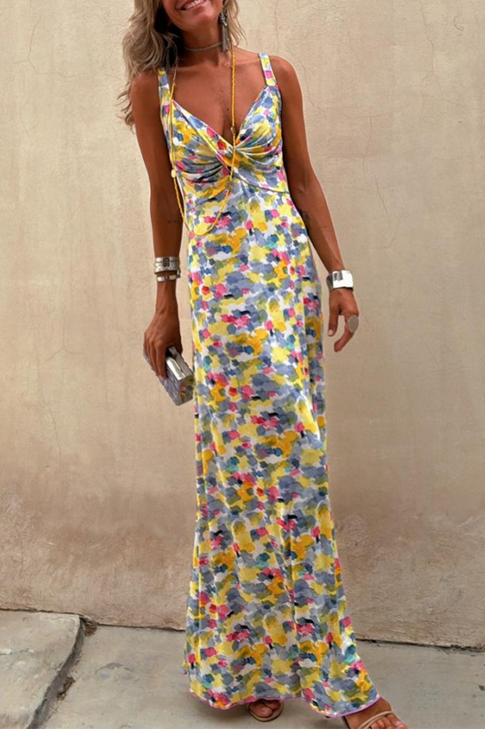 Geometric Print Contrast V Neck One Step Skirt Dresses