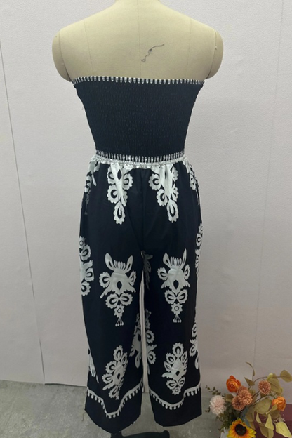 Geometric Print Pocket Strapless Loose Jumpsuits