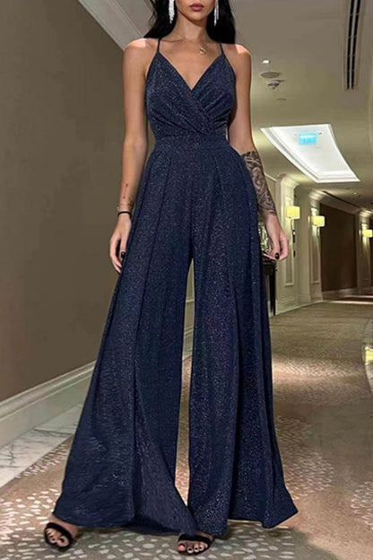 Color Backless V Neck Bodycon Jumpsuits