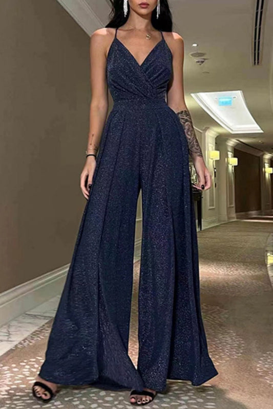 Color Backless V Neck Bodycon Jumpsuits