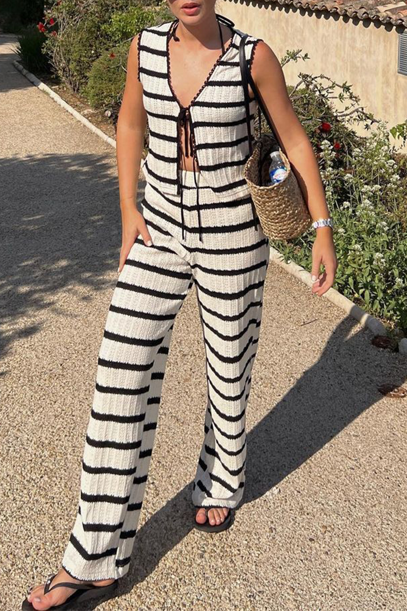 Street Stripe Lace Up Knit Contrast V Neck Sleeveless Two Pieces