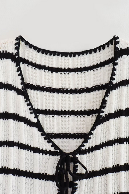 Street Stripe Lace Up Knit Contrast V Neck Sleeveless Two Pieces