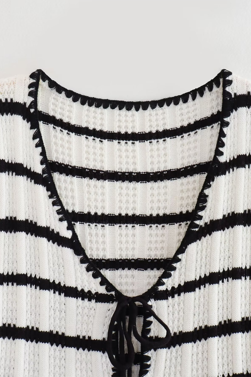 Street Stripe Lace Up Knit Contrast V Neck Sleeveless Two Pieces