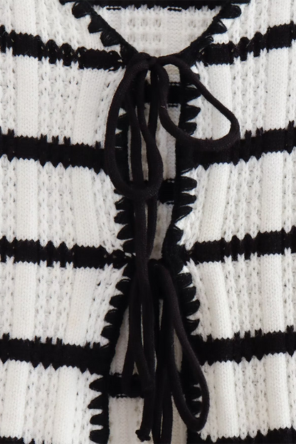 Street Stripe Lace Up Knit Contrast V Neck Sleeveless Two Pieces